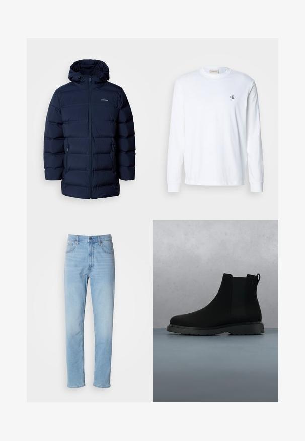 Chaqueta acolchada azul marino con capucha, que presenta un cierre frontal con cremallera, puños elásticos y dos bolsillos laterales. La tela tiene una textura suave.; Camisa blanca de algodón de manga larga con cuello redondo y pequeño logo negro "cK" en el pecho izquierdo.; Jeans de mezclilla azul claro con un corte recto, cinco bolsillos y trabillas para cinturón. La tela presenta una textura suave con un ligero efecto de desvanecimiento.; Botín negro de tobillo, hecho de material suave con costuras sutiles, suela de goma y un diseño elegante, posicionado sobre una superficie con textura de madera.