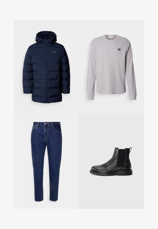 Marineblauwe gewatteerde jas met capuchon, voorzien van een ritssluiting aan de voorkant, elastische manchetten en twee zijzakken. De stof heeft een gladde textuur.; Lange mouwen grijze wafelgebreide shirt met een ronde halslijn en geribbelde manchetten; bevat een klein zwart logopatch op de linkerborst.; Donkerblauwe straight-leg spijkerbroek met knoop- en ritssluiting aan de voorkant, riemlussen, en voor- en achterzakken.; Zwarte leren Chelsea boots met een gestructureerde afwerking, elastische zijpanelen en een stevige rubberen zool. Subtiele branding op de hiel.
