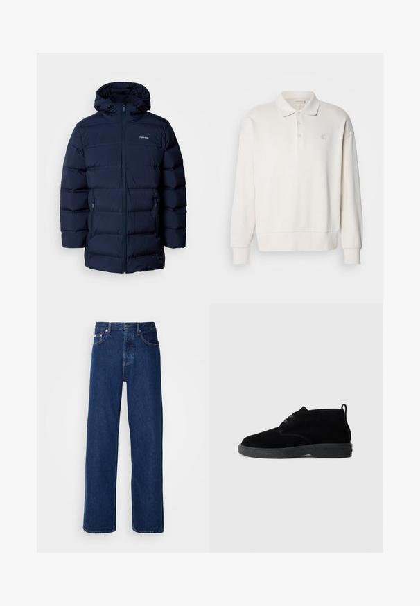 Mørkeblå polstret jakke med hætte, med frontlynlås, elastiske manchetter og to sidelommer. Stoffet har en glat tekstur.; Off-white langærmet polo skjorte med ribbet struktur, tre knapper ved kraven og et diskret logo på venstre bryst.; Mørkeblå denimjeans med et bredt ben-design, der har en knaplukning og klassisk fem-lomme styling. Stoffet har en glat tekstur.; Sorte ruskindsankelstøvler med rund tå, snørebåndsdesign, sort gummisål og en sløjfe bag på for nem påtagning.