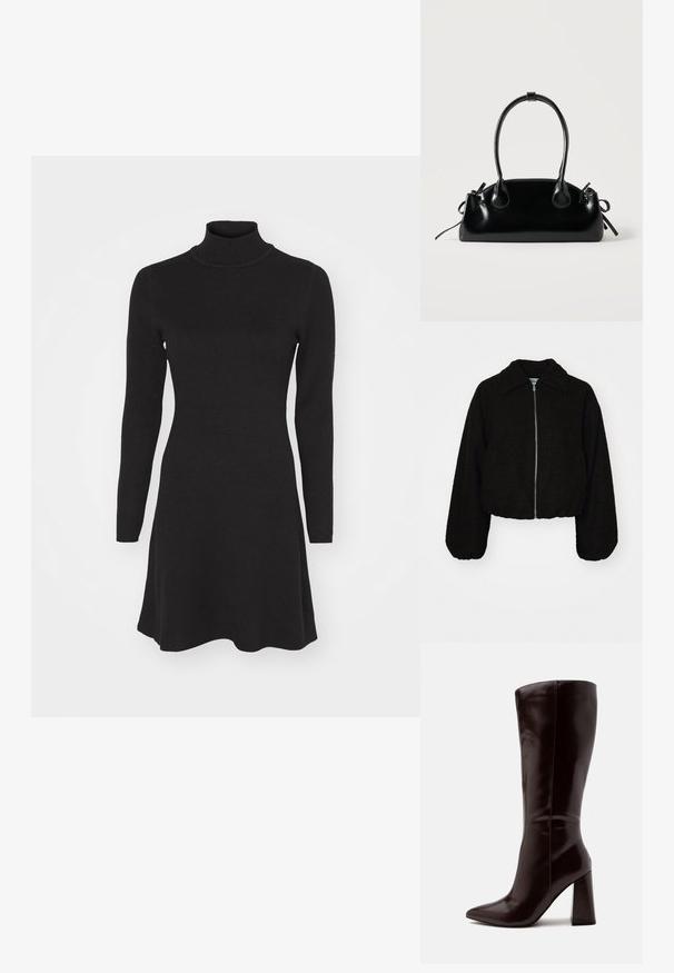 Sort cropped jakke i et blødt, tekstureret stof. Har en krave og lange, let puffede ærmer med en lynlås fortil.; Sort, langærmet turtleneck kjole med en tætsiddende bodice og vidde nederst. Fremstillet af et blødt, struktureret stof med en ensfarvet, glat overflade.; Høj mørkebrun læderstøvle med spids tå og blokhæl på en ensfarvet lys baggrund.; Lille sort blank håndtaske med to lange håndtag og snøre-detaljer i siden på en ensfarvet lys baggrund.
