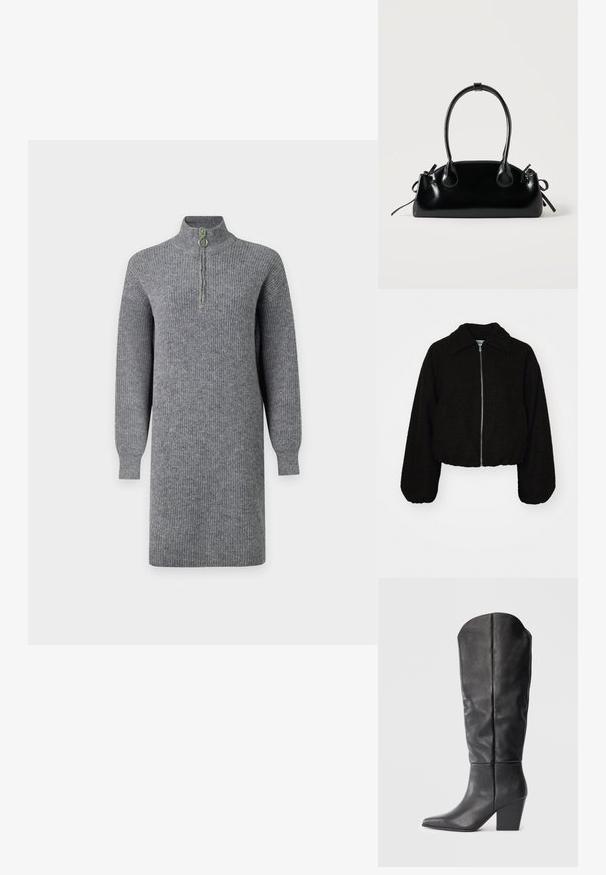 Schwarze, kurz geschnittene Jacke aus einem weichen, strukturierten Stoff. Sie verfügt über einen kragenlosen Hals und lange, leicht gepuffte Ärmel mit einem Reißverschluss vorn.; Graues, geripptes Strickkleid mit langen Ärmeln, knielang und einem halben Frontreißverschluss an einem hohen Kragen, vor einem schlichten Hintergrund dargestellt.; Schwarze kniehohe Stiefel aus Leder mit spitzem Zeh und blockigem Absatz. Das Design zeichnet sich durch eine glatte Textur und minimalistische Linien aus.; Kleine schwarze glänzende Handtasche mit zwei langen Griffen und seitlichen Kordelzug-Details vor einfachem hellem Hintergrund.