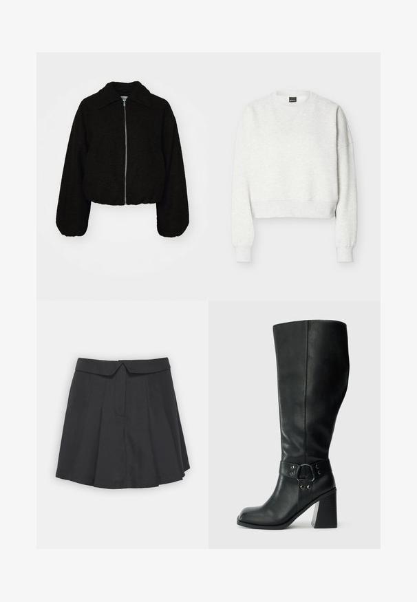Veste noire courte en tissu doux et texturé. Elle dispose d'un col et de manches longues légèrement bouffantes avec une fermeture éclair à l'avant.; Sweat-shirt court gris clair à col rond avec manches longues et poignets et ourlet côtelés.; Jupe plissée noire avec une taille structurée, dotée d'une fermeture cachée et d'une texture lisse. Longueur mi-cuisse sans motifs visibles.; Bottes en cuir noires arrivant au genou, avec un bout carré, un large talon et une sangle décorative avec des accents métalliques autour de la cheville. Texture lisse.