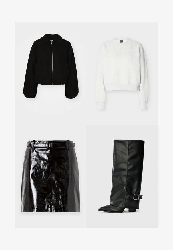 Sort cropped jakke i et blødt, tekstureret stof. Har en krave og lange, let puffede ærmer med en lynlås fortil.; Lysegrå cropped sweatshirt med rund hals, lange ærmer og ribstrikkede manchetter og kant.; Sort, blank læder mini-nederdel med en matchende bælte og centralt sømdetalje.; Sorte læder ankelstøvler i ankellængde med spids tå, glat tekstur og en sølvspændeaccents på siden. Kraftig firkantet hæl.