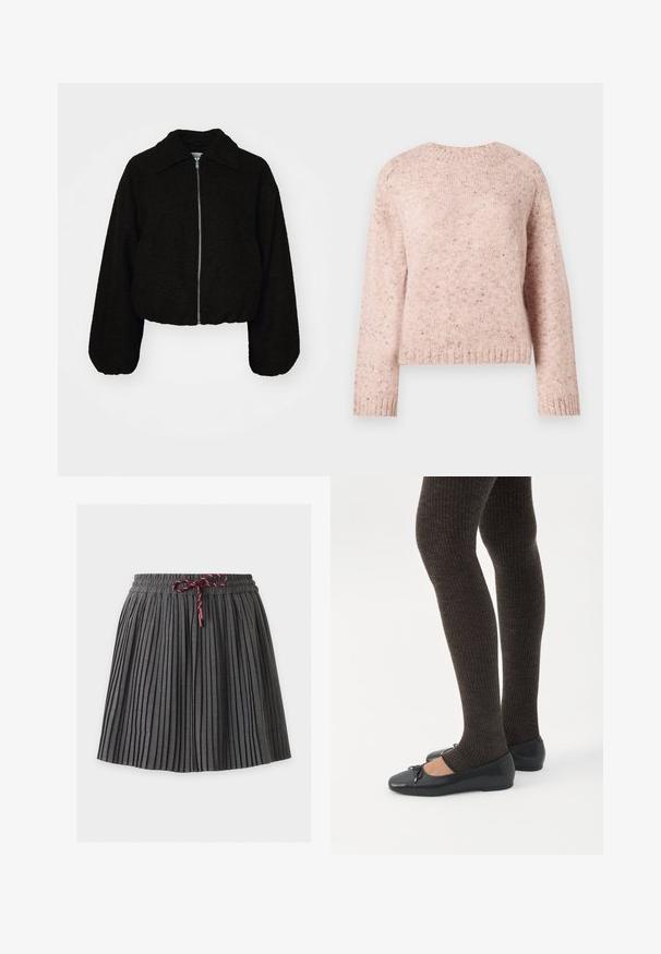 Schwarze, kurz geschnittene Jacke aus einem weichen, strukturierten Stoff. Sie verfügt über einen kragenlosen Hals und lange, leicht gepuffte Ärmel mit einem Reißverschluss vorn.; Rosa Pullover aus strukturiertem Strickstoff, mit rundem Ausschnitt und langen Ärmeln. Dezente Sprenkel verleihen dem Design eine besondere Note.; Dunkelgrauer plissierter Rock mit elastischem Bund und in der vorderen Mitte gebundener weinroter Kordel.; Beine in dunklen, gerippten Leggings kombiniert mit schwarzen Ballerinas mit kleinen Schleifendetails auf weißem Hintergrund.