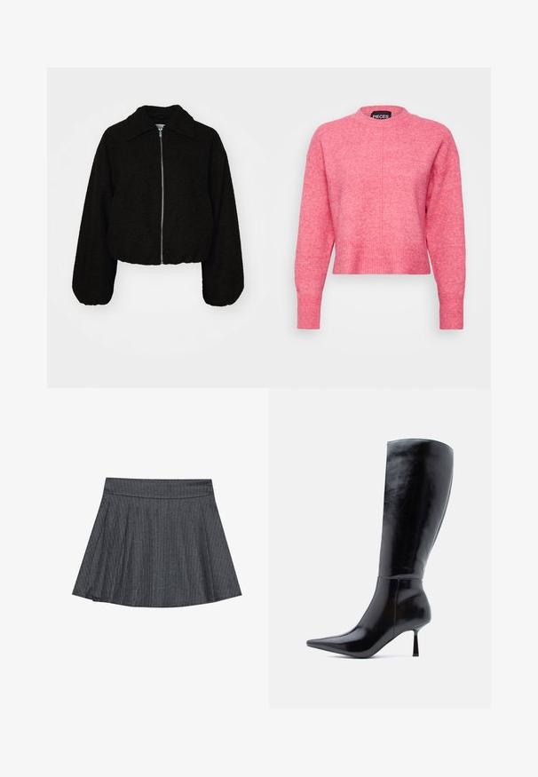 Veste noire courte en tissu doux et texturé. Elle dispose d'un col et de manches longues légèrement bouffantes avec une fermeture éclair à l'avant.; Pull cropped rose avec un col rond, des manches longues, des poignets et un ourlet côtelés, présente une finition légèrement texturée. Étiquette de marque visible.; Jupe patineuse grise à rayures générales avec une taille ajustée, en forme évasée A et texture de tissu douce. Les lignes verticales renforcent l'intérêt visuel.; Bottes noires à talons aiguilles montantes, avec une finition en cuir brillant, un bout pointu et un talon effilé, présentant une surface lisse et un design élégant.