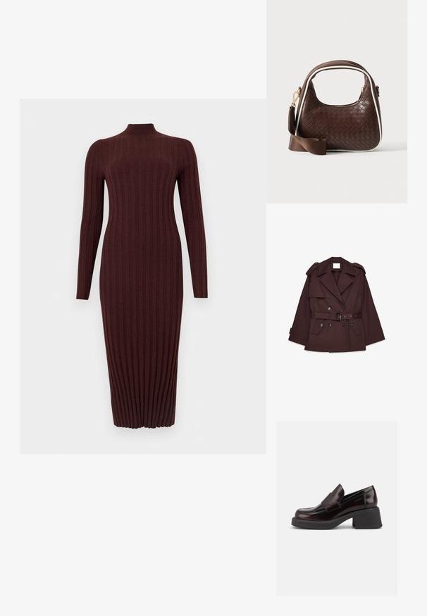 Brauner Trenchcoat mit tailliertem Gürtel, breiten Revers, Schulterklappen und mehreren vorderen Taschen. Hergestellt aus einem glatten, leichten Stoff.; Langärmeliges, geripptes, dunkelbraunes, gestricktes Midikleid mit Stehkragen, figurbetonter Silhouette und vertikaler Struktur.; Dunkelbrauner Lederloafer mit klobigem schwarzen Blockabsatz und einem breiten Riemen vorne, seitlich auf weißem Hintergrund gezeigt.; Braune gewebte Lederhandtasche mit weißer Paspel, goldenem Reißverschluss und abnehmbarem braunem Stoff-Schulterriemen.