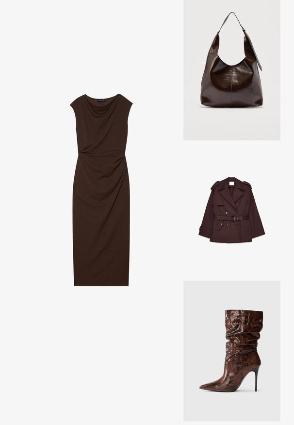 Ruskea trench-takki, jossa on vyötärölle solmittava vyö, leveät kaulukset, hartioilla olevaa epauletti ja useita etutaskuja. Valmistettu sileästä, kevyestä kankaasta.; Rask dressi, mis ulatub põlvini, valmistatud siledast kangast, drapeeritud dekoltee, lühikesed varrukad ja koos kogutud detailidega ühel poolel.; Ruskean käärmeennahkakuosiset löysät nahkasaappaat, joissa on terävä kärki ja korkea hoikka musta stilettoankkuri valkoista taustaa vasten.; Tummanruskea kiiltävä nahkainen olkalaukku, jossa on yksi leveä hihna ja solkien yksityiskohta toisella puolella, yksinkertaisen vaalean taustan edessä.