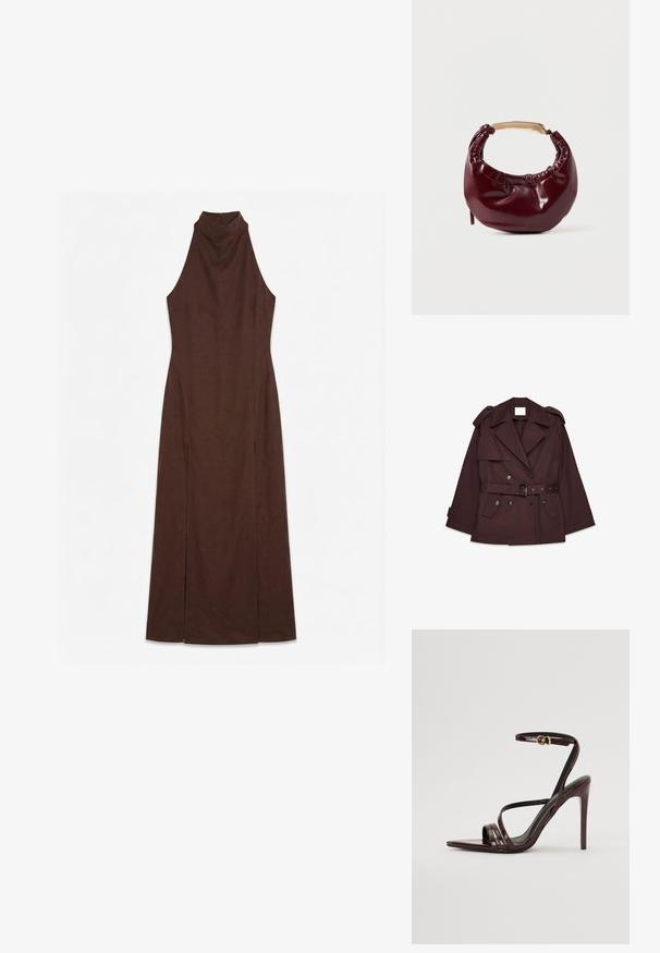 Brauner Trenchcoat mit tailliertem Gürtel, breiten Revers, Schulterklappen und mehreren vorderen Taschen. Hergestellt aus einem glatten, leichten Stoff.; Ärmelloses dunkelbraunes Maxikleid mit hohem Kragen und taillierter Taille, mit seitlichen Schlitzen vom Knie bis zum Saum.; Bordeaux-farbenes Lackleder-High-Heel-Sandale mit einem Knöchelriemen, spitzem Zehenbereich und drei horizontalen Riemen über dem Fuß. Details mit goldfarbener Schnalle.; Burgunderfarbene Kunstleder-Handtasche mit runder Form, gerafften Details und einem goldfarbenen Metallgriff. Glatte Textur und glänzende Oberfläche.