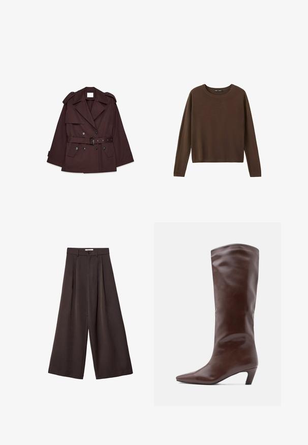 Brauner Trenchcoat mit tailliertem Gürtel, breiten Revers, Schulterklappen und mehreren vorderen Taschen. Hergestellt aus einem glatten, leichten Stoff.; Brauner Pullover mit Rundhalsausschnitt und langen Ärmeln, schlichtes, einfarbiges Design mit geripptem Kragen, Bündchen und Saum.; Weit geschnittene Hosen aus dunkelbraunem Stoff, mit Falten, einem Knopfverschluss und glatter Textur; knöchellang mit maßgeschneidertem Design.; Brauner kniehoher Stiefel aus Leder mit spitzer Spitze und schmalem Absatz. Glatte Textur mit schlankem, minimalistischem Design.