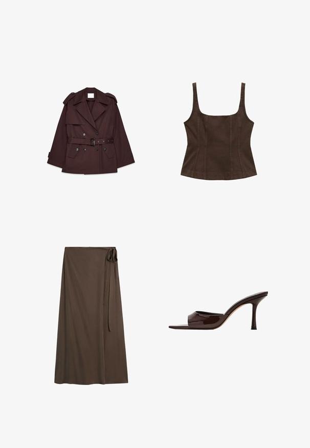 Brauner Trenchcoat mit tailliertem Gürtel, breiten Revers, Schulterklappen und mehreren vorderen Taschen. Hergestellt aus einem glatten, leichten Stoff.; Brauner, ärmelloser Top mit quadratischem Halsausschnitt, enganliegendem Design, Nahtdetails und einem strukturierten Stoff. Keine zusätzlichen Verzierungen.; Langer dunkelbrauner Wickelrock mit seitlicher Bindung und glattem, fließendem Stoff.; Dunkelbrauner Lackleder-Mule mit offenem Zehenbereich, breitem Riemen und schlankem hohen Absatz auf weißem Hintergrund.