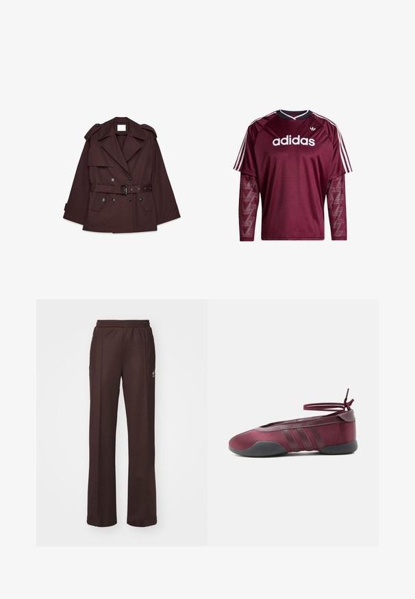 Brauner Trenchcoat mit tailliertem Gürtel, breiten Revers, Schulterklappen und mehreren vorderen Taschen. Hergestellt aus einem glatten, leichten Stoff.; Maroonfarbenes Adidas-Langarmshirt mit Netzärmeln, weißem Logo und Streifen auf den Schultern, schwarzem und weißem Kragen, Vorderansicht.; Braune Sporthose mit einem elastischen Bund, zwei Seitentaschen und einem kleinen Logo auf der linken Seite, gefertigt aus weichem Stoff.; Bordeauxrote Ballerina mit schwarzer Sohle, elastischen Knöchelriemen, die zu einer Schleife gebunden sind, und gesteppten Details an den Seiten, von der Außenseite gezeigt.