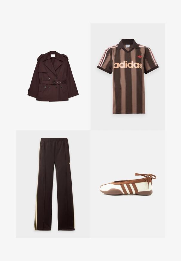 Pruun trench coat vöödiga, laiade krae ja õlavarreepaulettidega, mitme esikotiga. Valmistatud siledast, kergekaalulisest materjalist.; Pruunide triipudega Adidas polotee, V-kaelusega, bordeau krae ja punase logoga. Omad valge ja punase triibuga õlad ning lühikesed varrukad.; Mustad dressipüksid kollaste küljeribadega, elastse vöökohaga, küljetaskud lukuga ja väike logo reie ülaosas.; Kõhn beež ja pruun baleriiniking ümarate varvastega, kolme küljeribaga, pehme tallaga ja pahkluu lipsuga, valgel ühevärviser taustal.