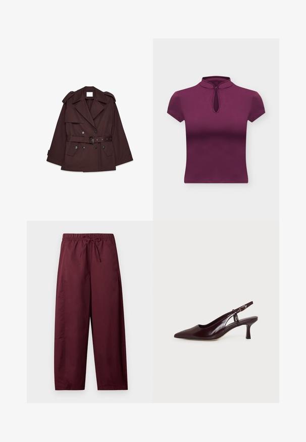Brauner Trenchcoat mit tailliertem Gürtel, breiten Revers, Schulterklappen und mehreren vorderen Taschen. Hergestellt aus einem glatten, leichten Stoff.; Lila kurzärmeliges Top mit hohem Kragen und vorderer Schlüssellochöffnung vor weißem Hintergrund.; Locker sitzende, kastanienbraune Hose mit elastischem Bund und Kordelzug, geraden Beinen, ohne sichtbare Taschen oder Muster.; Dunkelbraune Leder-Slingback-Pumps für Damen mit spitzer Zehenpartie, niedrigem Kitten-Heel und verstellbarem Riemen mit goldener Schnalle, auf weißem Hintergrund dargestellt.