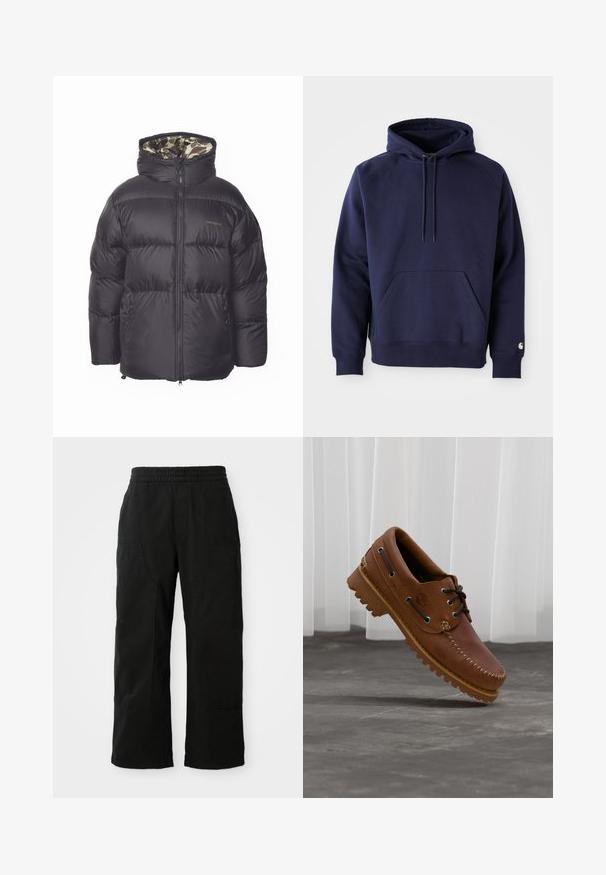 Zwarte pufferjack met een ritssluiting aan de voorkant, grote capuchon en zijzakken. Het interieur heeft een camouflagepatroon. Gemaakt van gequilt, geïsoleerd materiaal.; Donkerblauwe pullover hoodie van zacht stof. Voorzien van een kangoeroezak, trekkoordcapuchon en ribgebreide manchetten. Geaccentueerd met logo op de mouw.; Zwarte katoenen broek met een elastische tailleband, wijd gesneden ontwerp en grote zijzakken. De stof lijkt zacht met een gladde textuur.; Bruine leren bootschoen met zwarte veters, beige stiksel en een robuuste zool, zwevend boven een grijze betonnen vloer.