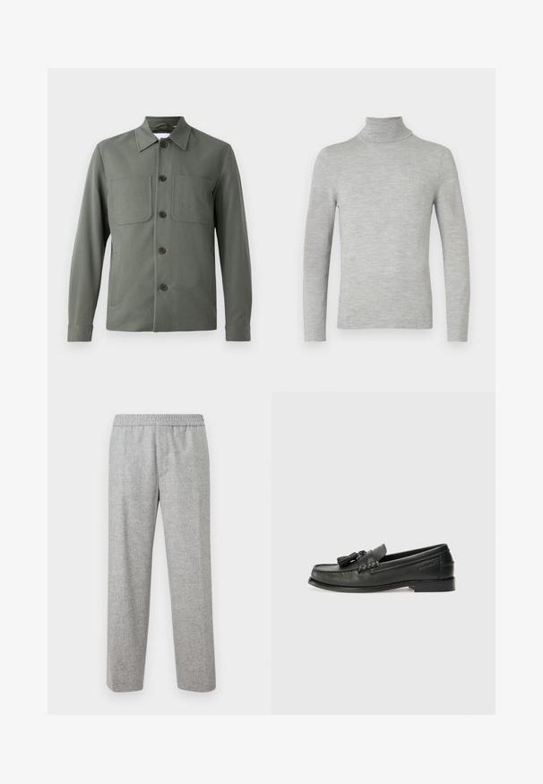 Chaqueta verde oscuro con cuello doblado, cierre de botones y dos bolsillos en el pecho. Tela suave con un corte ajustado. Los botones son marrones.; Suéter de cuello alto de manga larga en gris claro con textura de punto fino, exhibido sobre un fondo blanco liso.; Pantalones de tejido texturizado en gris claro, con cintura elástica. Diseño de pierna recta, sin bolsillos visibles ni detalles de herrajes.; Mocasines de cuero negro con punta redondeada, borlas decorativas y un diseño cosido. Suela plana con una sutil marca en el lateral.
