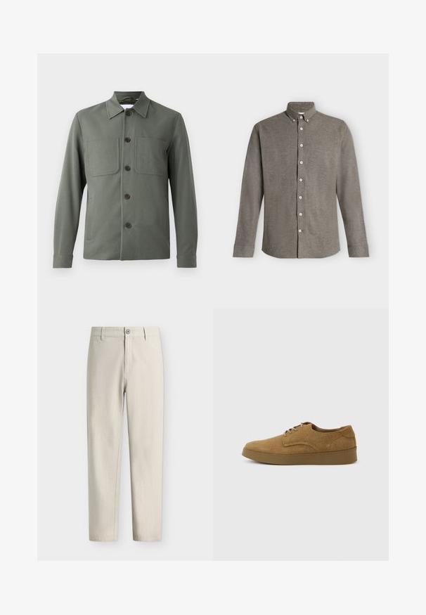 Donkergroene jas met een opgevouwen kraag, knoopsluiting en twee borstzakken. Gladde stof met een getailleerde pasvorm. De knopen zijn bruin.; Heren blouse met lange mouwen in grijs met een knoopkraag en witte knopen, weergegeven op een witte achtergrond.; Lichtbeige rechte broek met knoop- en ritssluiting en riemlussen, afgebeeld op een effen witte achtergrond.; Bruine suède veterschoen voor vrijetijdskleding met een platte rubberen zool, zijaanzicht tegen een eenvoudige lichte achtergrond.