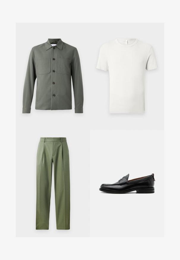 Chaqueta verde oscuro con cuello doblado, cierre de botones y dos bolsillos en el pecho. Tela suave con un corte ajustado. Los botones son marrones.; Camiseta blanca lisa de manga corta y cuello redondo, extendida sobre una superficie gris claro, con una pequeña etiqueta de tela en el cuello.; Pantalones a medida en tejido verde olivo con una textura suave, que cuentan con dos pliegues frontales, trabillas para el cinturón y un diseño de pierna recta.; Mocasín de hombre de piel negra con costura moc toe, tira penny, cuello texturizado y tacón bajo apilado sobre fondo blanco.
