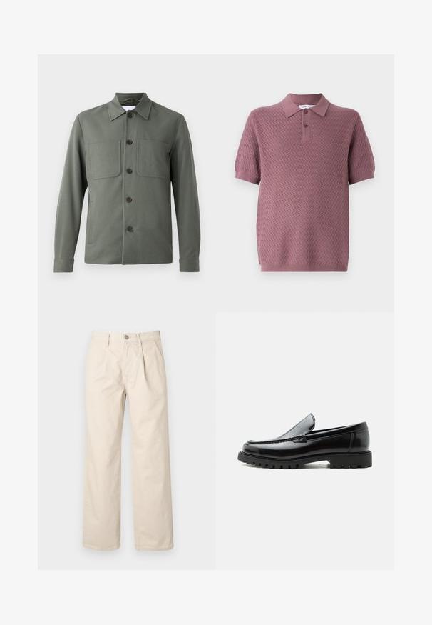 Donkergroene jas met een opgevouwen kraag, knoopsluiting en twee borstzakken. Gladde stof met een getailleerde pasvorm. De knopen zijn bruin.; Korte mouwen polo shirt in mauve met een gestructureerd zigzagpatroon, een puntige kraag en twee knopen op de sluiting. Zacht breiwerk.; Beige wijde broek met hoge taille, met voorplooien, een knoopsluiting aan de voorkant en een zachte katoen stof.; Zwarte leren loafer met dikke rubberen zool, gestikte bovenkant en gegraveerde merknaam op de hiel, zijaanzicht op witte achtergrond.