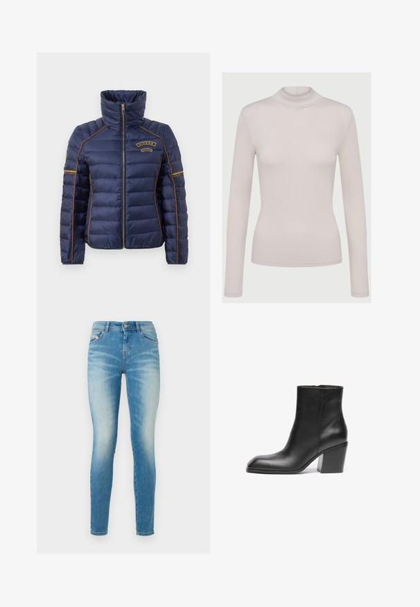 Veste doudoune marine avec un col montant, fermeture éclair, piping orange et un logo sur la poitrine. La texture matelassée améliore l'isolation et le style.; Haut turtleneck à manches longues beige clair, fabriqué dans un matériau doux et extensible. Conception ajustée avec une texture côtelée et des poignets standard.; Jeans skinny en denim bleu clair avec un effet délavé. Comprend une fermeture à bouton et zip, cinq poches, et un design classique à cinq poches.; Bottine en cuir noir avec un embout carré et un talon bloc épais. Texture lisse et design minimaliste. Fermeture éclair sur le côté pour un enfilage facile.