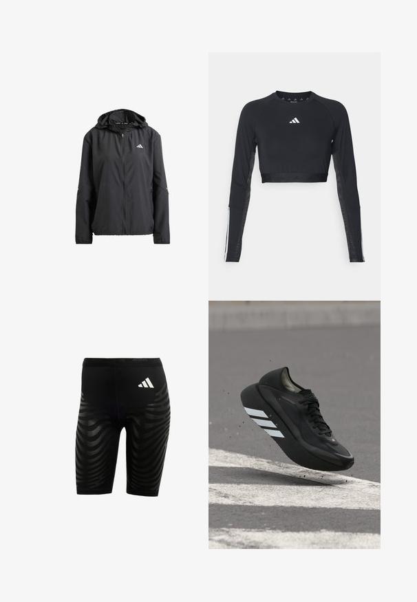 Veste légère noire avec capuche, fermeture éclair intégrale et deux poches latérales. Présente un logo réfléchissant sur la poitrine et des accents discrets sur les manches.; Haut d'entraînement noir à manches longues et coupé, en tissu lisse. Présente un logo blanc sur la poitrine et des accents rayés sur les manches.; Shorts de sport noirs avec un design texturé comprenant des rayures ondulées. Logo blanc sur la ceinture, fabriqués en matériau évacuant l'humidité.; Chaussure de course noire avec des bandes blanches sur la semelle, flottant au-dessus de l'asphalte avec des marquages routiers blancs, soulevant de petits débris.