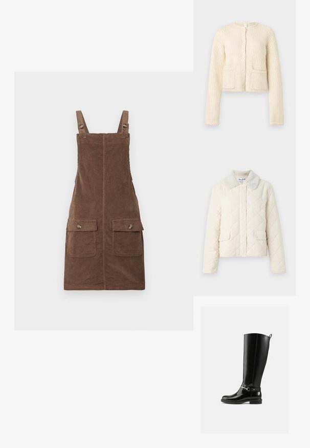 Cremefarvet quiltet jakke med en faux fur krave, trykknapper og to forneden lommer. Blød tekstur og cropped design.; Afskåret cardigan i cremede farver, tekstureret stof med lodrette ribber, frontlukning med knapper og to påsyede lommer.; Brun fløjl overallkjole med justerbare stropper, to forlommer og en centralseam. Struktureret stof med et blødt udseende.; Sorte knæhøje støvler lavet af blankt læder med en sølvfarvet spænde ved anklen og rundet snude. Flad sål.