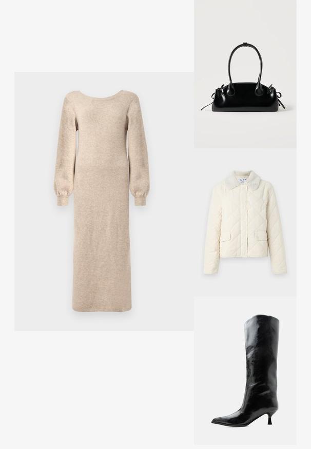 Veste matelassée couleur crème avec un col en fausse fourrure, boutons pression et deux poches avant. Texture douce et design court.; Robe tricotée longue beige avec un décolleté rond, des manches bouffantes longues et une silhouette droite, avec des poignets côtelés aux extrémités des manches.; Botte en cuir noire brillante, haute jusqu'au genou, avec bout pointu et talon bas courbé sur un fond clair uni.; Petit sac à main noir brillant avec deux longues anses et des détails à cordon sur les côtés sur un fond clair uni.