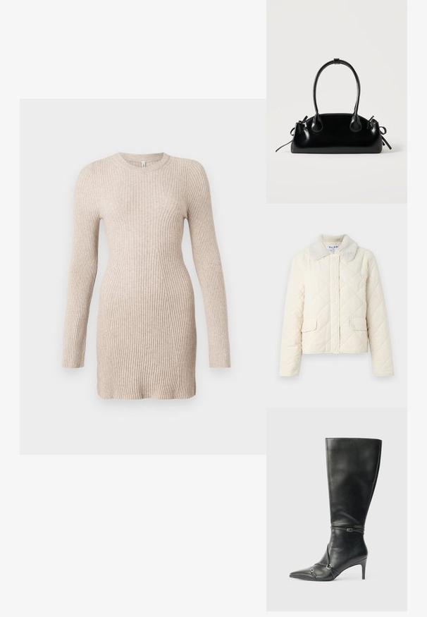 Cremefarvet quiltet jakke med en faux fur krave, trykknapper og to forneden lommer. Blød tekstur og cropped design.; Beige ribbet strik langærmet kjole med en tætsiddende talje og rund halsudskæring på en hvid baggrund.; Sorte knæhøje støvler i læder med en slank hæl, spids tå og remdetaljer ved anklen. Glat tekstur og tætsiddende design.; Lille sort blank håndtaske med to lange håndtag og snøre-detaljer i siden på en ensfarvet lys baggrund.