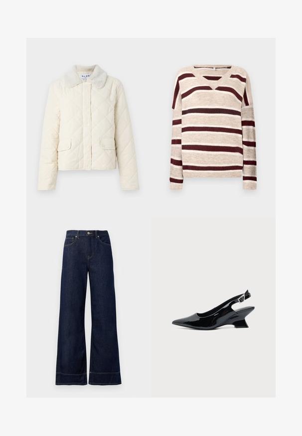 Cremefarvet quiltet jakke med en faux fur krave, trykknapper og to forneden lommer. Blød tekstur og cropped design.; V-hals sweater i beige med mørkerøde og cremefarvede striber. Har lange ærmer og ribkant. Blød tekstur og afslappet pasform.; Mørkeblå brede jeans lavet af denim. Har en knaplukning, stikninger og sidelommer. Udfoldet nederste kant.; Sort laklæder slingback sko med spids tå og lav vinklet blokhæl på ensartet lys baggrund.