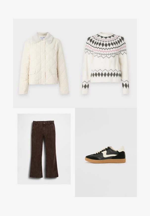 Cremefarvet quiltet jakke med en faux fur krave, trykknapper og to forneden lommer. Blød tekstur og cropped design.; Hvid strikket sweater med sorte og pink geometriske mønstre over brystet, ærmerne og kanten, med rund halsudskæring og ribbede manchetter.; Brune manchetflarede bukser i fløjl med en glat tekstur, med forlommer og en enkelt knaplukning i taljen.; Sorte ruskinds- og lædersneakers med en cremefarvet side-swoosh og lys cremefarvet hæl. Har beige snørebånd og en gummirubber-sål.