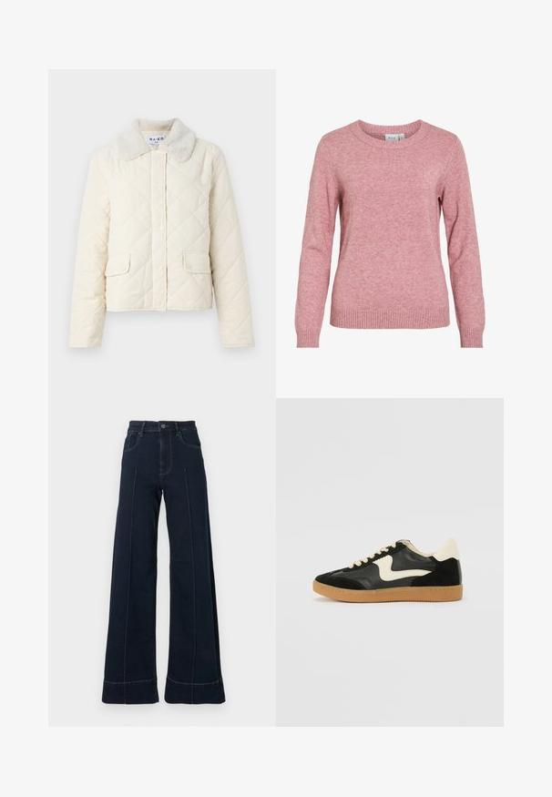 Veste matelassée couleur crème avec un col en fausse fourrure, boutons pression et deux poches avant. Texture douce et design court.; Pull en maille rose doux à manches longues, col rond et poignets et ourlet côtelés, étiqueté avec la marque "VILA" à l'intérieur du col.; Jean large bleu foncé à taille haute, avec des poches avant et des coutures visibles. Fabriqué en denim avec une texture lisse.; Baskets en daim et cuir noir avec un swoosh latéral crème et un talon crème clair. Dotées de lacets beige et d'une semelle en caoutchouc gomme.