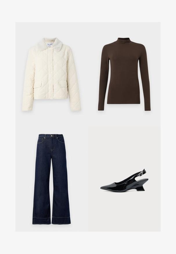 Crème-kleurig gewatteerd jack met een nepbont kraag, drukknoopsluitingen en twee voorzakken. Zachte textuur en cropped ontwerp.; Bruine lange mouw turtleneck top gemaakt van zachte stof. Strak ontwerp met een hoge hals en naadloze mouwen. Geen zichtbare patronen of hardware.; Donkerblauwe wijde spijkerbroek van denim. Kenmerken zijn een knoopsluiting, stikdetails en zijzakken. Uiteinde met een flared onderrand.; Zwarte lakleren slingback schoen met spitse neus en lage schuine blokhak op een effen lichte achtergrond.