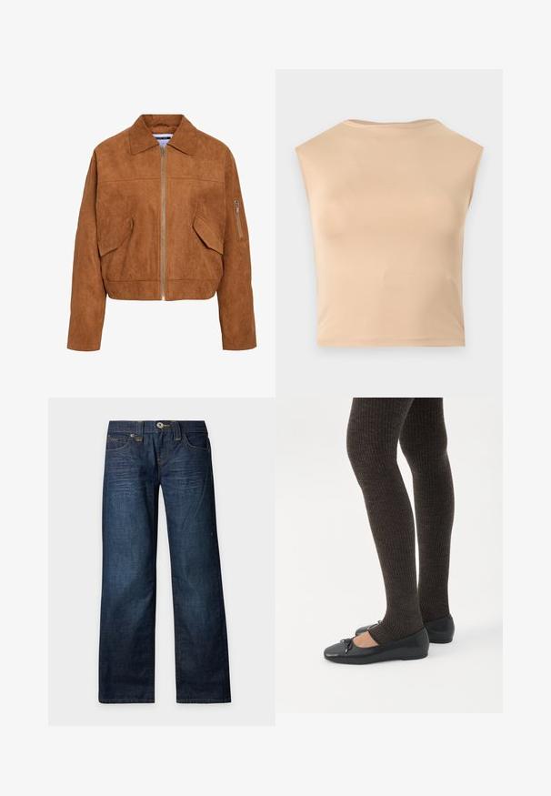 Bruine nepleer cropjack met een voormatchend rits, puntige kraag, twee zijzakken en een extra ritszak op de mouw.; Mouwloze beige cropped top met hoge ronde halslijn, gladde stof en rechte zoom, weergegeven op een effen witte achtergrond.; Donkerblauwe rechte jeans met vervaagde details, knoop- en ritssluiting en een ontwerp met vijf zakken op een effen lichte achtergrond.; Benen met donkere geribbelde leggings gecombineerd met zwarte ballerina's met kleine strikdetails op een witte achtergrond.