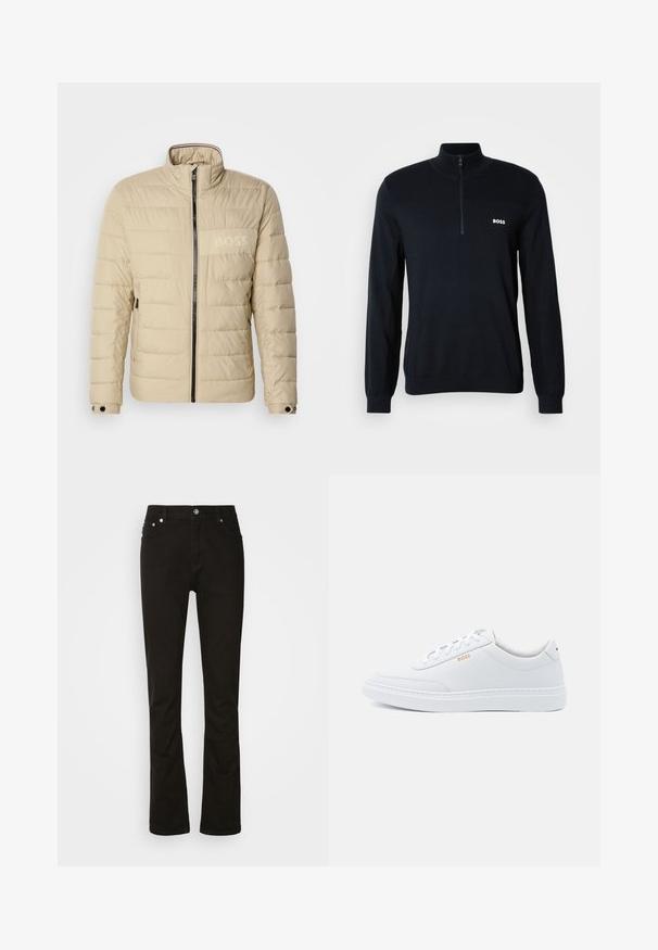 Veste rembourrée beige avec un col montant, des coutures horizontales, deux poches latérales et une fermeture éclair noire, arborant un subtil logo "BOSS" sur la poitrine.; Pull-over bleu marine avec un col haut et une fermeture éclair sur la moitié. Le matériau est doux avec une finition texturée. Il présente un petit logo blanc "BOSS" sur la poitrine.; Jeans en denim noir au design droit, avec poches avant, braguette zippée et accents en métal argenté. Texture lisse, sans motifs.; Baskets blanches en cuir avec une texture lisse, bout rond et coutures tonales. Possède des lacets bleus et un logo doré sur le côté.