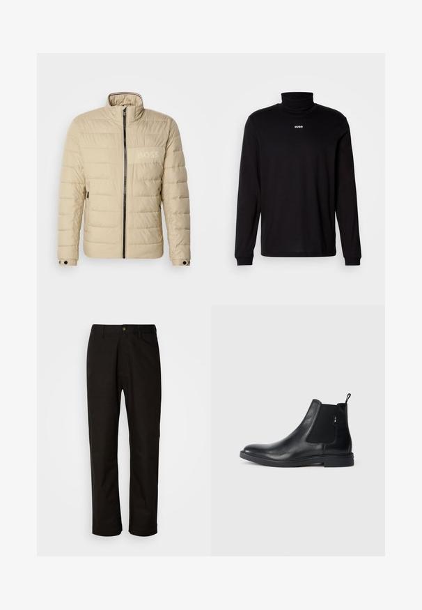 Beige gewatteerde jas met een hoge kraag, horizontale stiksels, twee zijzakken en een zwarte rits, met een subtiele "BOSS" logo op de borst.; Zwarte turtleneckshirt met lange mouwen, gemaakt van soepel materiaal, met een witte "HUGO" logo op de borst, en met aansluitende manchetten en zoom.; Zwarte katoenen broek met een rechte snit, riemlussen, een ritssluiting aan de voorkant en een enkele knoopsluiting. Soepele textuur zonder zichtbare patronen.; Zwarte leren Chelsea-boots met elastische zijpanelen, een treklipje en een vlakke rubberen zool. Gladde textuur met minimale details.