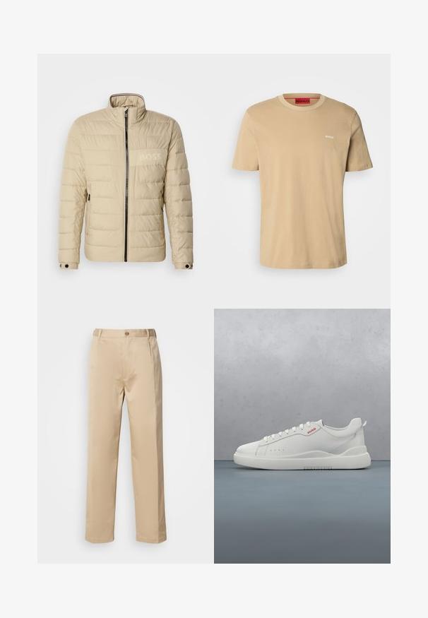 Vaatteeton beige päällisetakki korkean kauluksen kanssa, vaakasaumaiset tikkaus, kaksi sivutaskua ja musta vetoketju, jossa on huomaamaton "BOSS"-logo rinnassa.; Beige t-paita, jossa on pyöreä kaula-aukko, lyhyet hihat ja pieni valkoinen "HUGO" -logo rinnassa. Tasainen rakenne ilman kuvioita.; Beige housut kevyestä kankaasta, suoran lahkeen muotoilu, vyötärö, jossa on vyölenkit, ja yksi etunappi.; Valkoiset sneakerit, joissa on sileä nahkapinta, pyöreä kärki, neljä silmukkaa, huomaamattomat rei'itykset ja punainen logo yksityiskohta sivussa.