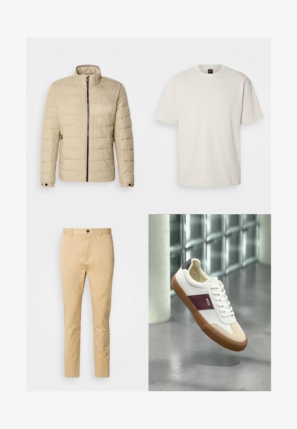 Vaatteeton beige päällisetakki korkean kauluksen kanssa, vaakasaumaiset tikkaus, kaksi sivutaskua ja musta vetoketju, jossa on huomaamaton "BOSS"-logo rinnassa.; Lyhythihainen, pyöreäkauluksinen t-paita off-white puuvillasta, jossa on suora leikkaus ja minimaalinen brändäys kauluksessa. Pehmeä tekstuuri, ei kuvioita.; Beige chinos valmistettu puuvillasta, jonka pinta on sileä. Ominaisuuksiin kuuluu nappikiinnitys, vyölenkit ja kapeneva malli nilkkaa kohti.; Valkoinen matalavartinen tennari, jossa ruskea pohja, viininpunainen raita, jossa teksti "BOSS", beiget varpaankoristeet ja musta kantapää, kellumassa harmaan lattian yläpuolella.