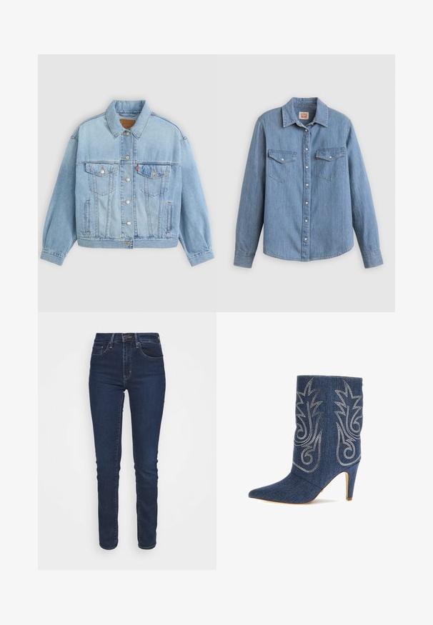 Chaqueta de mezclilla azul clara con un collar clásico, cierre de botones, dos bolsillos en el pecho, corte relajado y costuras visibles.; Camisa de mezclilla azul claro con mangas largas, cierre de botones al frente, dos bolsillos en el pecho y cuello clásico. Textura suave y ajuste relajado.; Vaqueros de mezclilla azul oscuro con un corte ajustado, cintura de altura media, bolsillos frontales y un cierre con cremallera. La tela tiene una textura suave.; Botín de mezclilla con punta afilada, diseño curvado, costura decorativa plateada y tacón de aguja de 3 pulgadas. Azul oscuro con acabado texturizado.