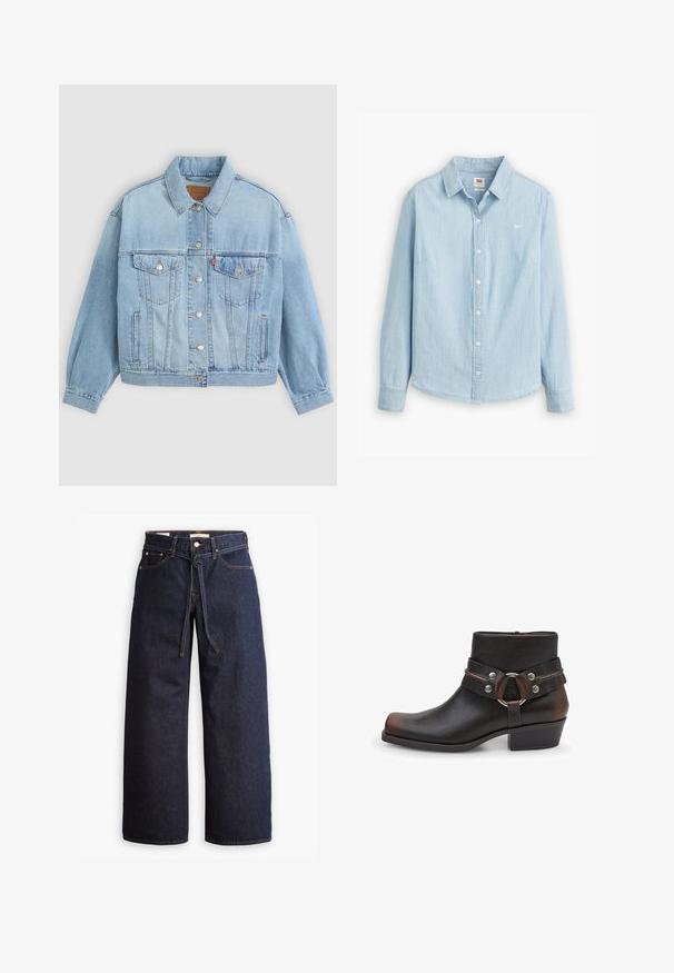 Lichtblauwe denim jacket met een klassieke kraag, knoopsluiting, twee borstzakken, een ontspannen pasvorm en zichtbare stiksels.; Lichtblauwe overhemdbloes gemaakt van zacht denimstof. Heeft een klassieke kraag en lange mouwen, met een klein logo op de borst.; Wijd pijpjes donkerblauwe denim jeans met een hoge taille, voorzien van een trekkoord, vijf zakken en contrasterende stiksels.; Zwarte leren enkellaars met een ronde neus, zilverkleurige hardware-accenten en een banddetail met een ronde gesp. Design met blokhak.