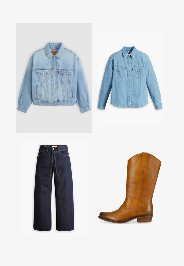 Hellblaue Jeansjacke mit klassischem Kragen, Knopfverschluss, zwei Brusttaschen, lässiger Passform und sichtbaren Nähten.; Helles blaues Denimhemd mit langen Ärmeln, spitzem Kragen, zwei Brusttaschen, Knopfleiste und subtiler Struktur. Keine sichtbaren Muster.; Weite, dunkelblaue Jeans aus Denim mit hoher Taille, ausgestattet mit einem Kordelzug, fünf Taschen und kontrastierenden Nähdetails.; Hellbraune Cowboy-Stiefel aus Leder mit glatter Oberfläche, geschwungenem Schaft, dekorativem Stichmuster an der Spitze und einem niedrigen, gestapelten Absatz. Braunes Akzenten-Logo an der Seite.