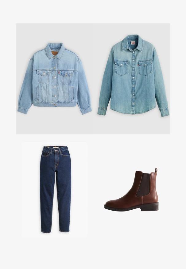Lys blå denimjakke med klassisk krave, knaplukning, to brystlommer, afslappet pasform og synlige syningsdetaljer.; Lyseblå denimskjorte med klassisk krave, knaplukning foran, to brystlommer og manchetter med knap samt en let buet kant forneden.; Mørkeblå denimjeans med høj talje, femlommedesign og lige ben. Kontrastsyninger og knaplukning.; Brun læder Chelsea ankelstøvle med elastisk sidepanel, træksløjfe bagpå og lavt stablet hæl.