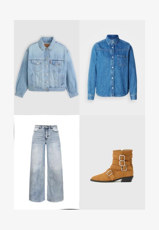 Heledad sinine denimpusak, millel on klassikaline krae, nööbid, kaks rinna taskut, lõdva istuvusega ja nähtavad õmblemise detailid.; Sinine teksariidest nööpidega särk krae, esitasku ja valgete nuppudega. Omab kergelt kõverdatud serva ja pikad varrukad.; Hele sinised laia säärega teksapüksid kõrge vöökohaga, nööbi- ja lukuga, kergelt kulunud ja lõdvestatud äärega.; RAID COLE - Kauboi/mootorratturi poolsaapad - tan