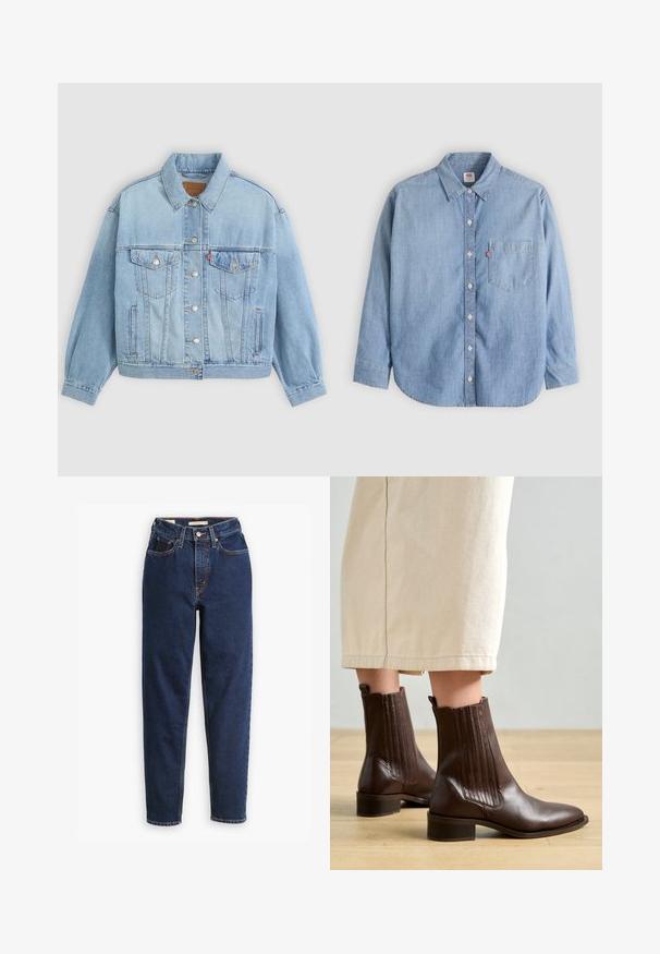 Lys blå denimjakke med klassisk krave, knaplukning, to brystlommer, afslappet pasform og synlige syningsdetaljer.; Lyseblå denimskjorte med button-down-krave, forlompe og lange ærmer. Har en buet kant og en subtil tekstur.; Mørkeblå denimjeans med høj talje, femlommedesign og lige ben. Kontrastsyninger og knaplukning.; Pavement SHANI - Støvletter - brown