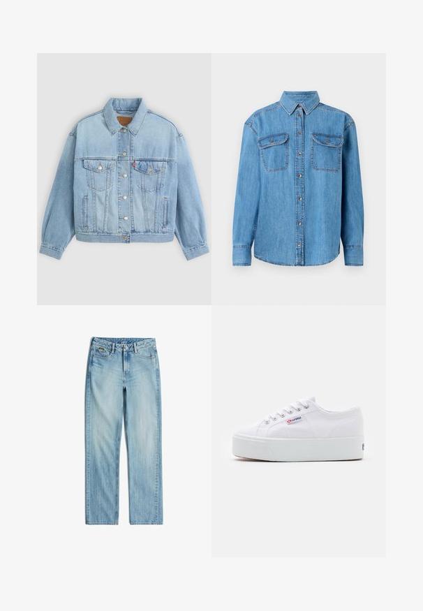 Hellblaue Jeansjacke mit klassischem Kragen, Knopfverschluss, zwei Brusttaschen, lässiger Passform und sichtbaren Nähten.; Helles blaues Denim-Hemd mit langen Ärmeln, Knopfleiste vorne, zwei Brusttaschen und klassischem Kragen. Mit kontrastierenden Nähten.; Hellblaue Jeans aus Denim mit geraden Beinen, vorne mit Knopf und Reißverschluss, Gürtelschlaufen sowie Vorder- und Hintertaschen.; Weiße Leinenschuhe mit einer dicken weißen Plattformsohle, runder Zehenpartie und Metallösen für die Schnürsenkel. Markenlogo an der Seite angebracht.