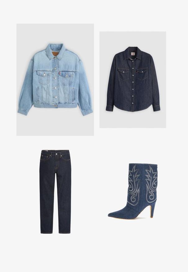 Lys blå denimjakke med klassisk krave, knaplukning, to brystlommer, afslappet pasform og synlige syningsdetaljer.; Mørkeblå denimskjorte med lange ærmer, knaplukning fortil, to brystlommer med klapper og kontrasterende gule sømme.; Mørkeblå denimjeans med lige snit, fem-lomme design, kobbernitter og orange syninger langs sømmen.; Denim ankelstøvle med spids tå, buet design, sølv dekorativ syning og 3-tommer stiletto hæl. Mørkeblå med struktureret finish.