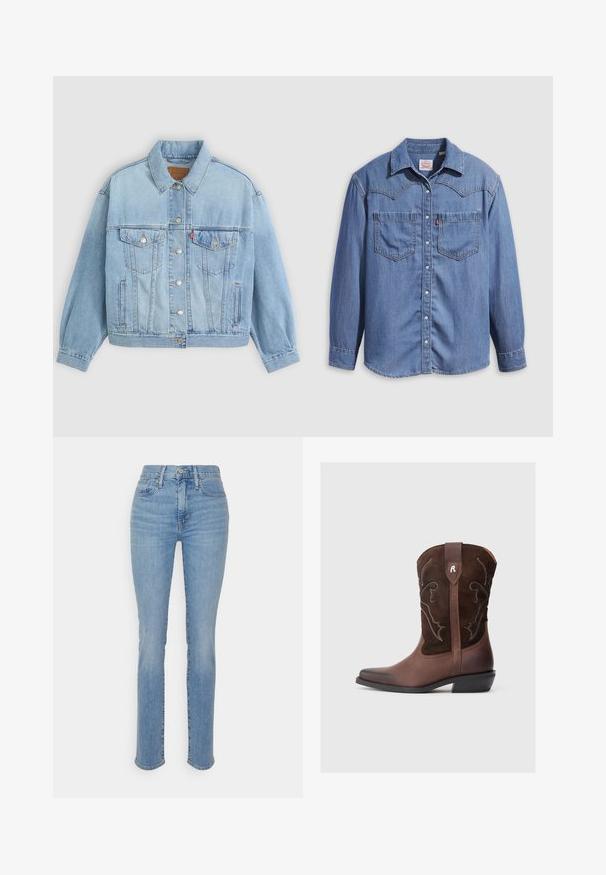 Lys blå denimjakke med klassisk krave, knaplukning, to brystlommer, afslappet pasform og synlige syningsdetaljer.; Lyseblå denimskjorte med spidst krave, to brystlommer og trykknapper. Har et western-inspireret stykke på skuldrene.; Lysblå denimjeans med lige ben, høj talje og klassisk fem-lommers design. Har en frontlynlås og knaplukning.; Brun lædercowboystøvle med en tekstureret overdel i ruskind, detaljeret hvid syning, spids tå og en lav blokhæl.