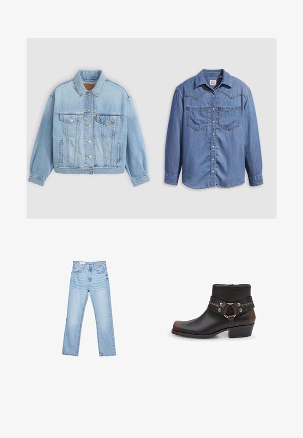 Veste en denim bleu clair avec un col classique, fermeture boutonnée, deux poches poitrine, coupe décontractée et détails de couture visibles.; Chemise en denim bleu clair avec un col pointu, deux poches poitrine et des boutons-pression. Présente une coupe western avec un empiècement à l'épaule.; Jeans en denim bleu clair avec une coupe droite, un design à cinq poches et des coutures visibles. Taille mi-haute avec une fermeture classique à bouton et zip.; Bottine en cuir noir avec un bout arrondi, accents en métal argenté et un détail de sangle avec une boucle circulaire. Design à talon carré.