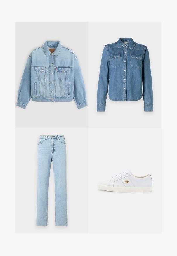 Lys blå denimjakke med klassisk krave, knaplukning, to brystlommer, afslappet pasform og synlige syningsdetaljer.; Denimskjorte med en lys blå nuance, klassisk krave og to brystlommer. Den har trykknapper og lange ærmer med knapmanchetter.; Lyseblå denimjeans med lige ben, forlommer, bæltestropper samt knap- og lynlåslukning.; Lauren Ralph Lauren JANSON II ACTION LEATHER SNEAKER - Sneakers - real white