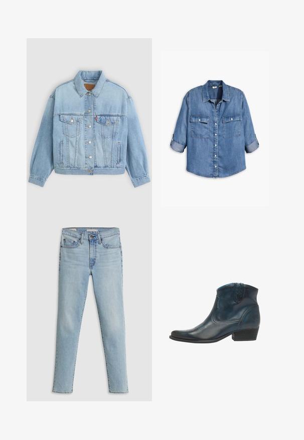 Lys blå denimjakke med klassisk krave, knaplukning, to brystlommer, afslappet pasform og synlige syningsdetaljer.; Denimskjorte med klassisk krave, knaplukning, to brystlommer, opkrøllede ærmer og en lys blå vask med subtil falming.; Lyseblå denimbukser med lige ben, fem-lommer stil og diskret falming ved lårene. Har metalbeslag og syninger.; Cowboy ankel støvler lavet af mørkeblåt læder, med spidse tæer, buede detaljer og en lav, stablet hæl med subtile syninger.