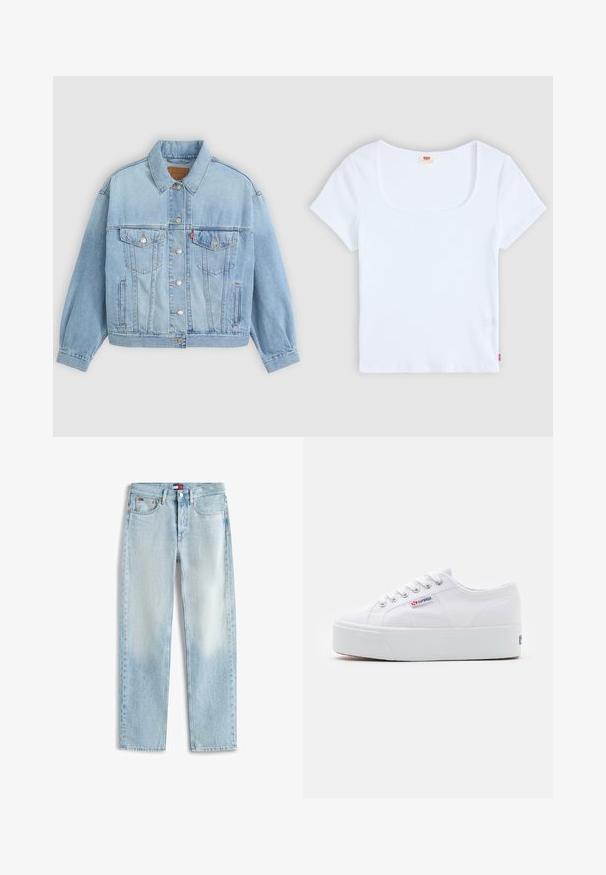 Svetlomodrá rifľová bunda s klasickým golierom, gombíkovým zapínaním, dvoma náprsními vreckami, voľným strihom a viditeľnými švovými detailmi.; Biely top s krátkym rukávom a štvorcovým výstrihom, vyrobený z rebrovaného materiálu. Obsahuje malú červenú značku na spodnej ľavej strane.; Svetlomodré rifle s rovnými nohavicami, piatimi vreckami, zipsovou légou a malým logom Tommy Hilfiger na prednom páse a mincovom vrecku.; Biele plátenné tenisky s hrubou bielou platformou, okrúhlou špičkou a kovovými očkami na šnúrky. Logo značky zobrazené na boku.