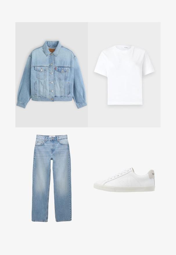 Lichtblauwe denim jacket met een klassieke kraag, knoopsluiting, twee borstzakken, een ontspannen pasvorm en zichtbare stiksels.; Effen witte katoenen T-shirt met korte mouwen, ronde hals en rechte zoom, getoond op een witte achtergrond.; Lichtblauwe denim jeans met een recht model, vijf zakken en zichtbare stiksels. De stof heeft een zachte, iets vervaagde textuur.; Witte leren sneakers met een getextureerde lichtgrijze rubberen zool. Kenmerken zijn onder meer veters, subtiele stiksels en een grijze suède hielaccent.